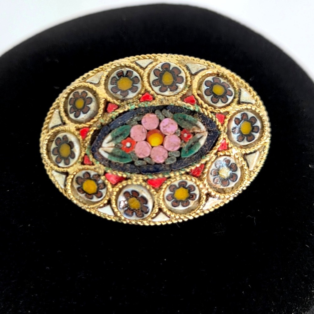 Vintage Italian Micro Mosaic Floral Brooch Oval Gold Tone Made in Italy 1.25in